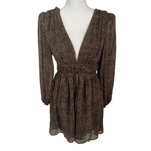 Lush Brown Leopard Metallic Print V-Neck Dress Tie Back Med Long Sleeve Mini